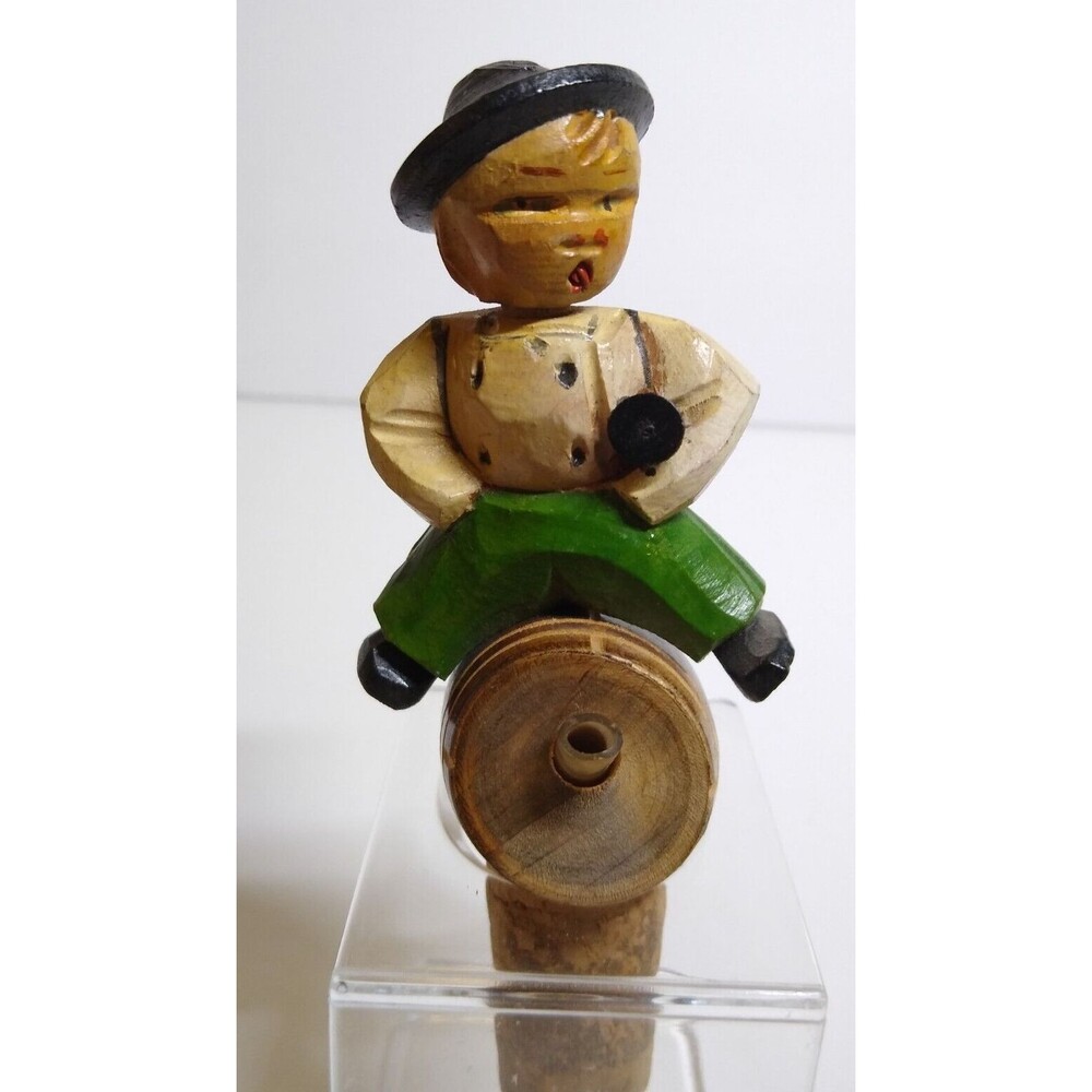 ANRI Mechanical Drink Pourer Bottle Stopper Wood Carved Puppet Folk Art Kitsch